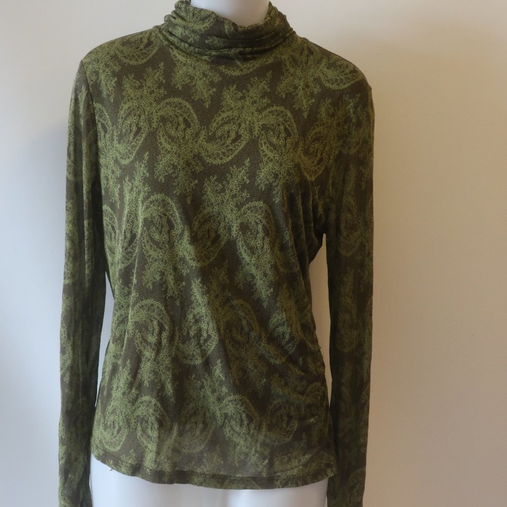 Womens Lynn Ritchie Green Brown Floral Silk Turtleneck Top XL *